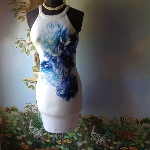 guess blue floral dress nigme Blue Jacquard Floral Maxi Dress, XL / Blue